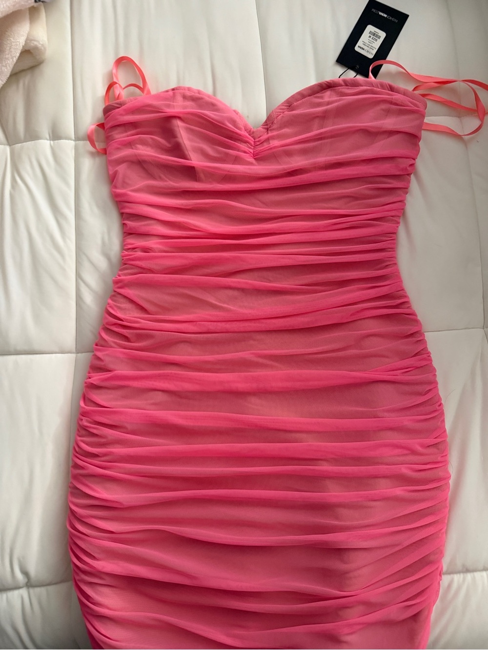 Fashion Nova Hot Pink Ruched Strapless Mesh Bodycon Dress